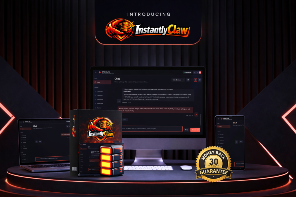 InstantlyClaw AI business system dashboard displayed on desktop laptop and mobile with 30 day money back guarantee badge