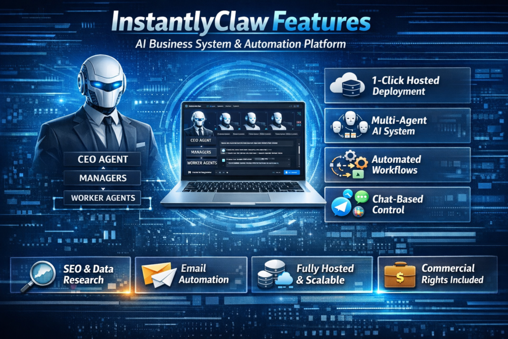 InstantlyClaw features overview showing AI business system multi agent automation workflows and dashboard interface