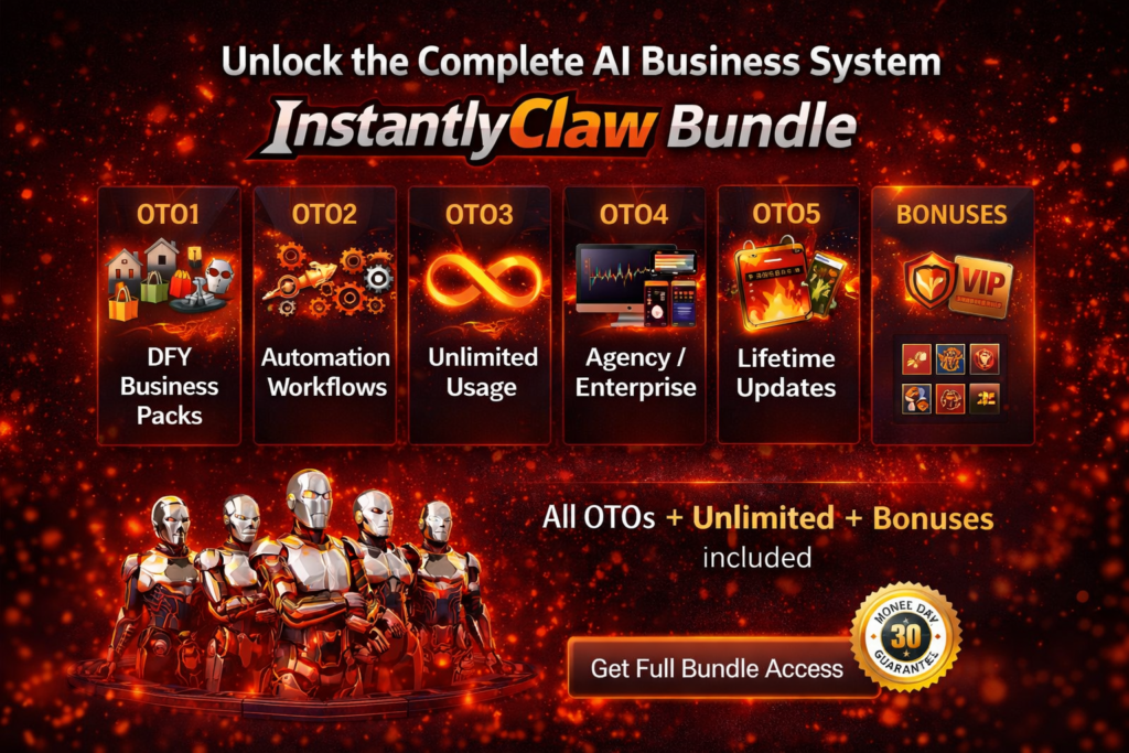 InstantlyClaw bundle showing all OTO upgrades bonuses pricing and complete AI business system with 30 day money back guarantee badge