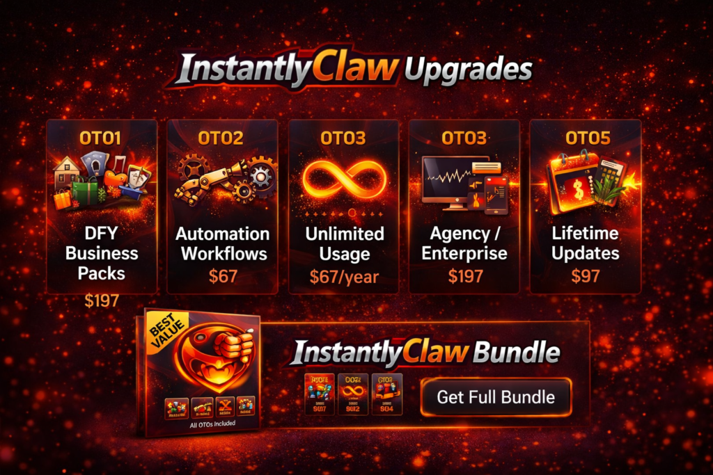 InstantlyClaw OTO upgrades overview showing DFY business packs automation unlimited agency and bundle offer