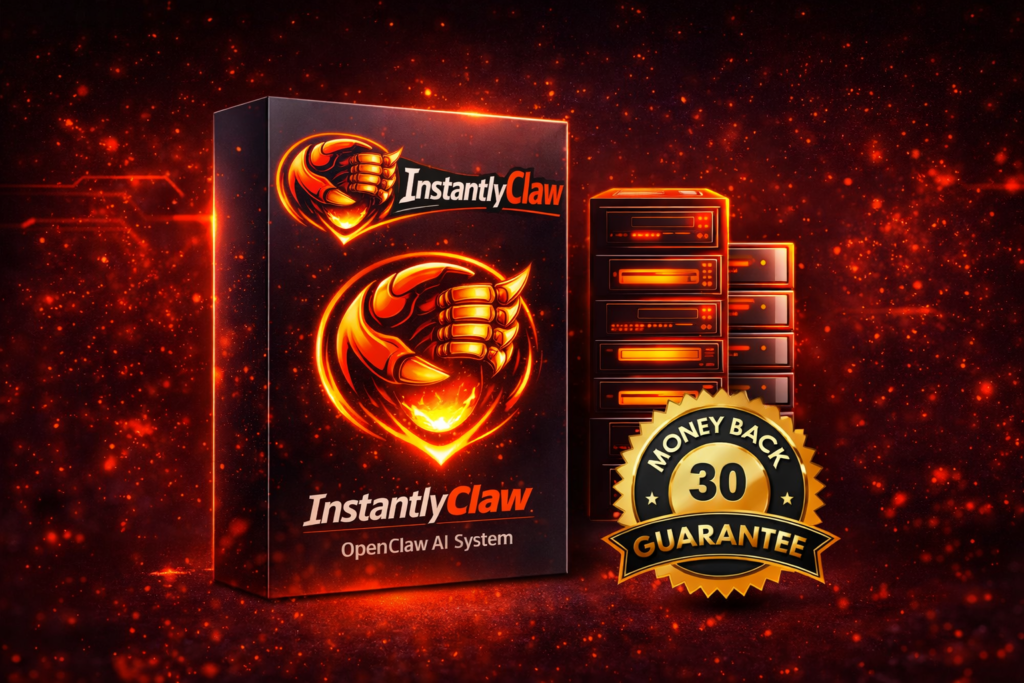 InstantlyClaw product box with AI system branding and 30 day money back guarantee badge